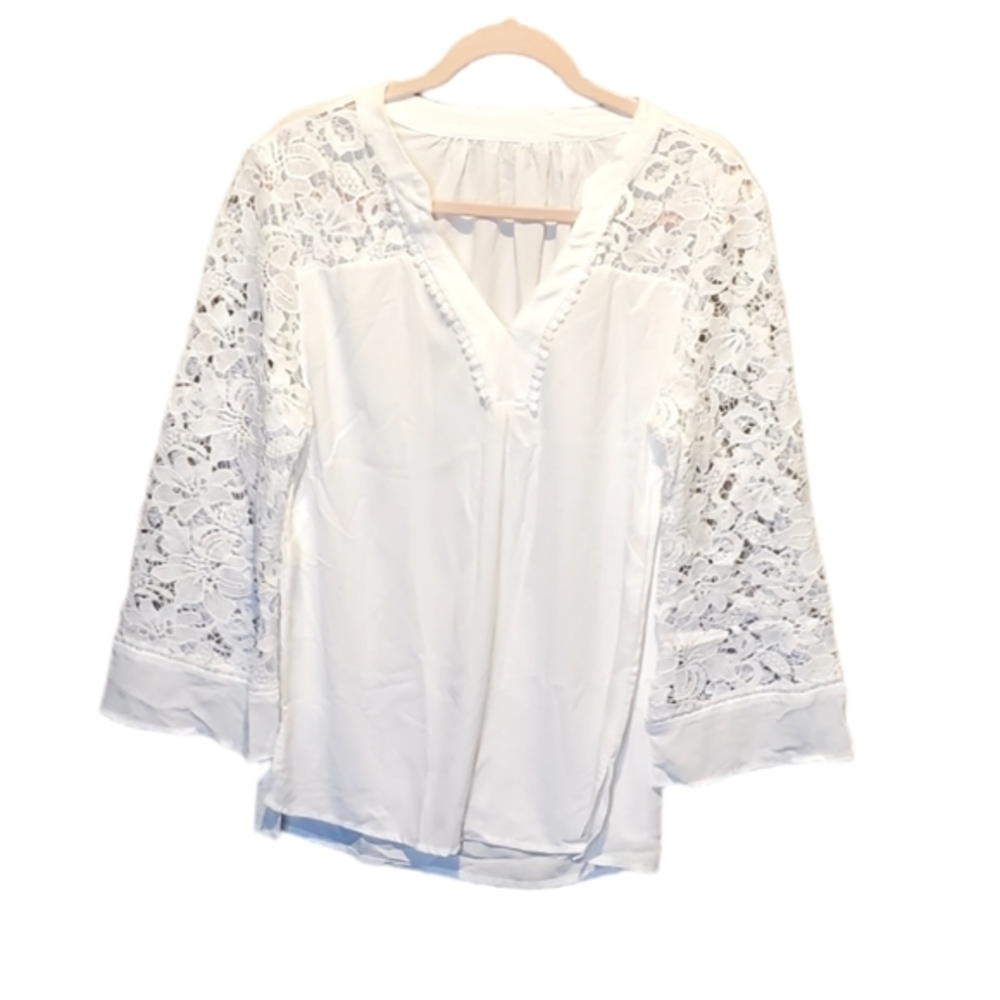 White Pullover Blouse Tops Sheer Floral Lace Sleeves Large NWOT‎